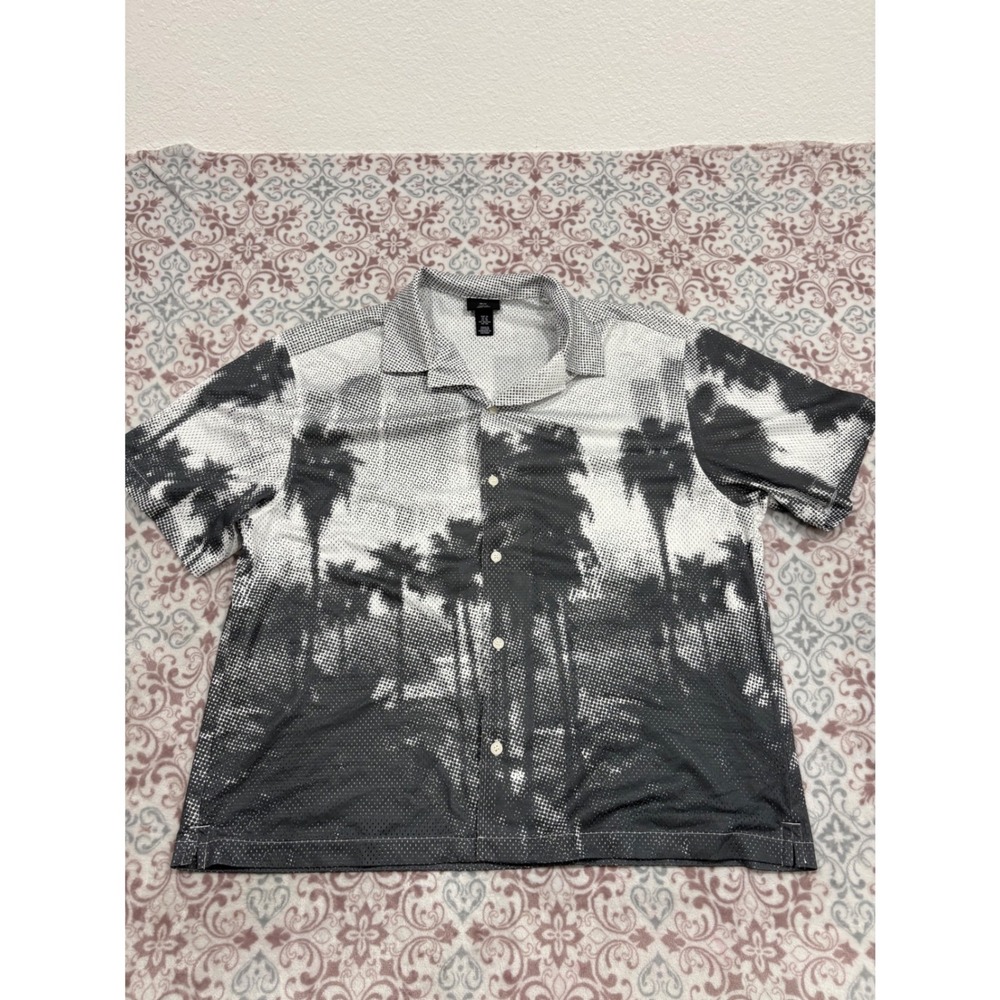 HM Loose Fit Palm Tree Mesh Button Up Shirt Black White XL Tropical Camp Collar